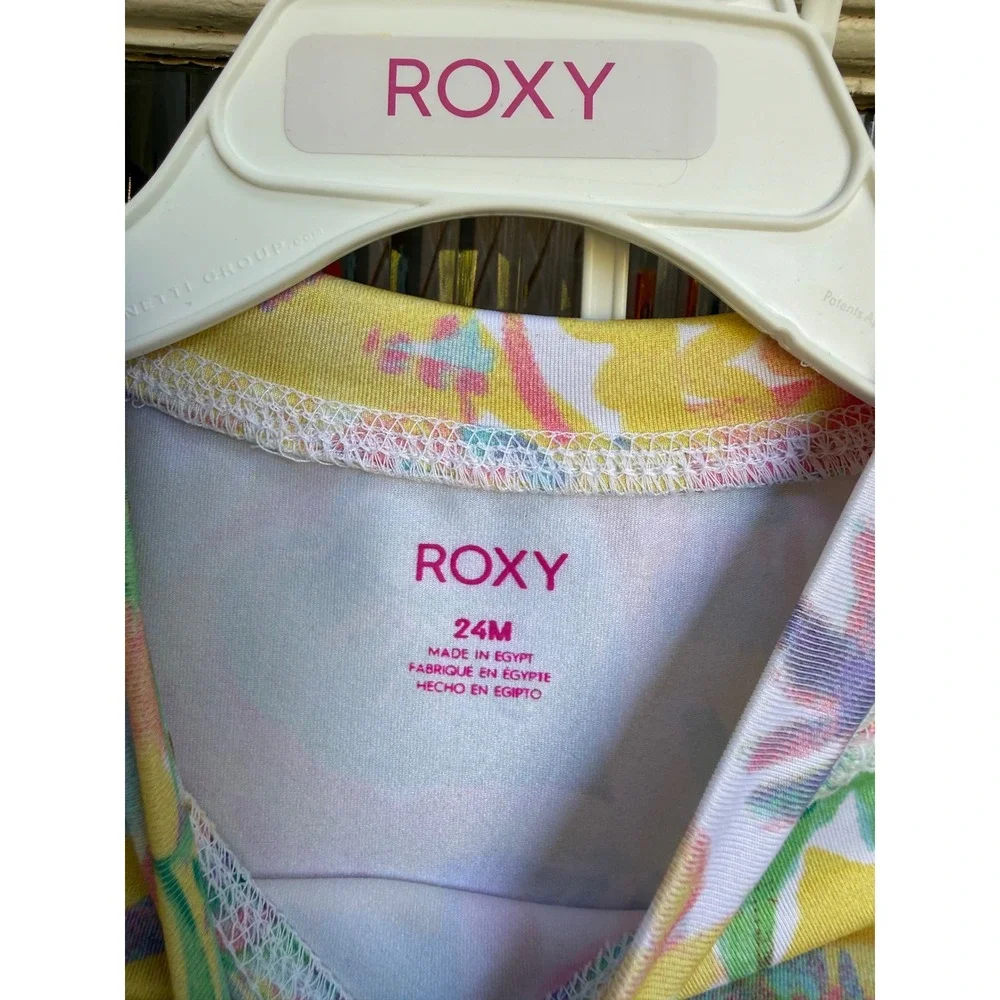 Roxy Kids 2 Piece Rash Guard UPF 50 Tropical Print Yellow Pink Size 24 Months